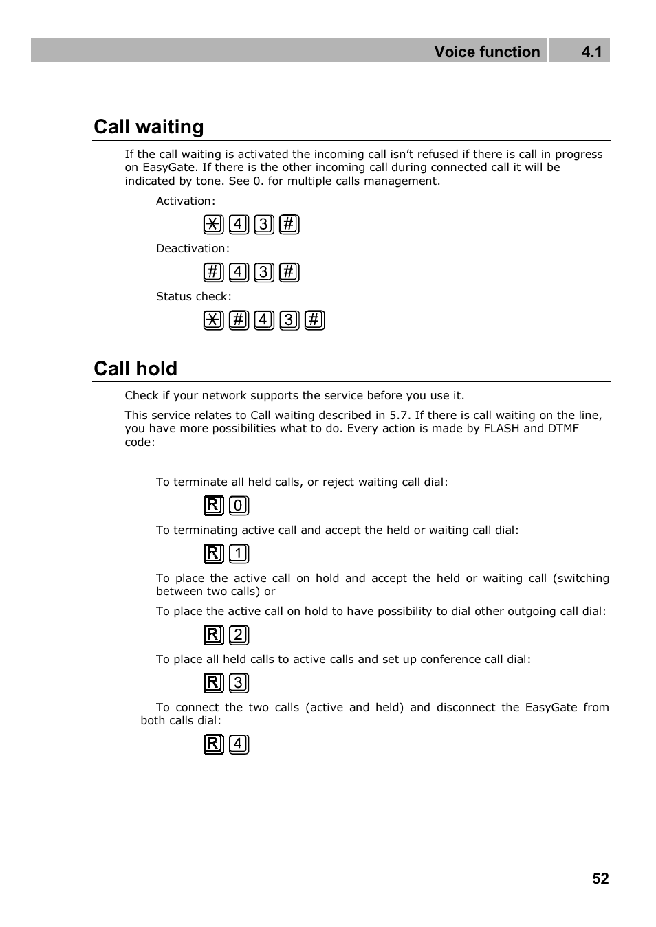 Call waiting, Call hold, Voice function 4.1 | 2N Analogue GSM gateway 2N EasyGate PRO - Manual, 1749 v1.03 User Manual | Page 52 / 79