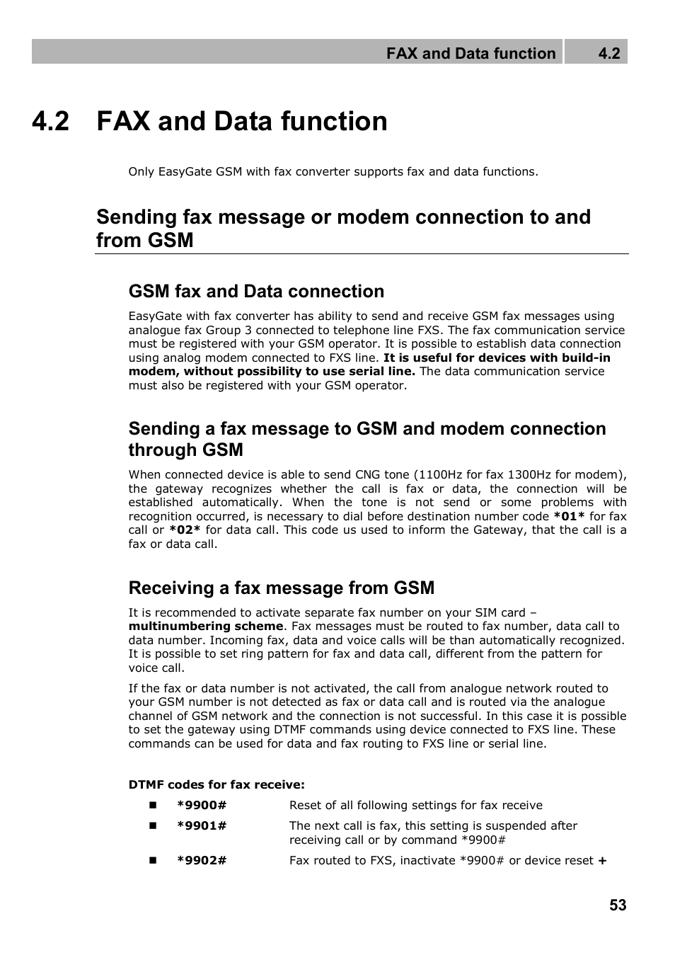 2 fax and data function, Gsm fax and data connection, Receiving a fax message from gsm | Fax and data function 4.2 | 2N Analogue GSM gateway 2N EasyGate PRO - Manual, 1749 v1.03 User Manual | Page 53 / 79