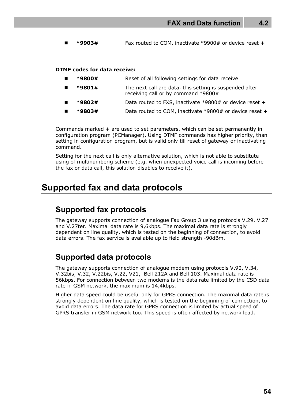 Supported fax and data protocols, Supported fax protocols, Supported data protocols | Fax and data function 4.2 | 2N Analogue GSM gateway 2N EasyGate PRO - Manual, 1749 v1.03 User Manual | Page 54 / 79