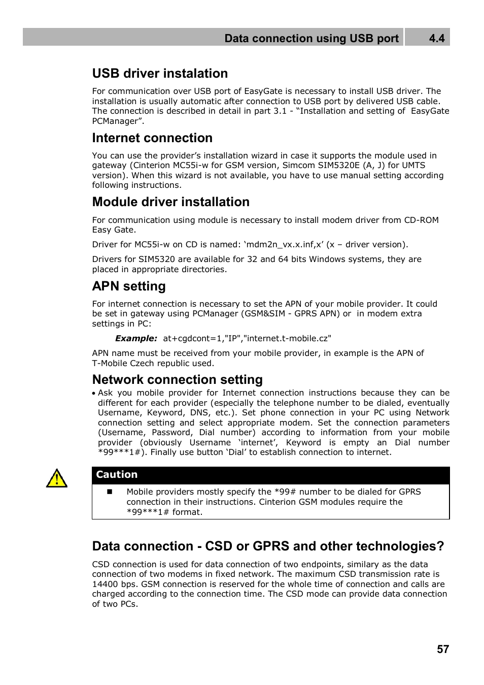 Usb driver instalation, Internet connection, Module driver installation | Apn setting, Network connection setting, Data connection using usb port 4.4 | 2N Analogue GSM gateway 2N EasyGate PRO - Manual, 1749 v1.03 User Manual | Page 57 / 79