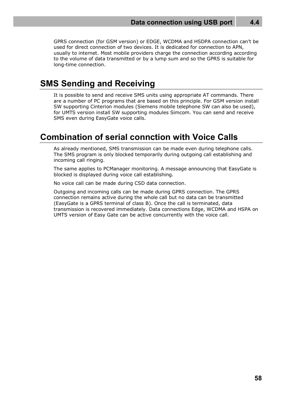 Sms sending and receiving, Combination of serial connction with voice calls, Data connection using usb port 4.4 | 2N Analogue GSM gateway 2N EasyGate PRO - Manual, 1749 v1.03 User Manual | Page 58 / 79