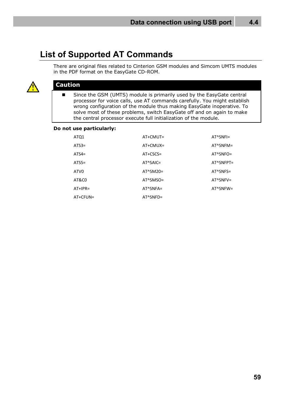 List of supported at commands, Data connection using usb port 4.4 | 2N Analogue GSM gateway 2N EasyGate PRO - Manual, 1749 v1.03 User Manual | Page 59 / 79