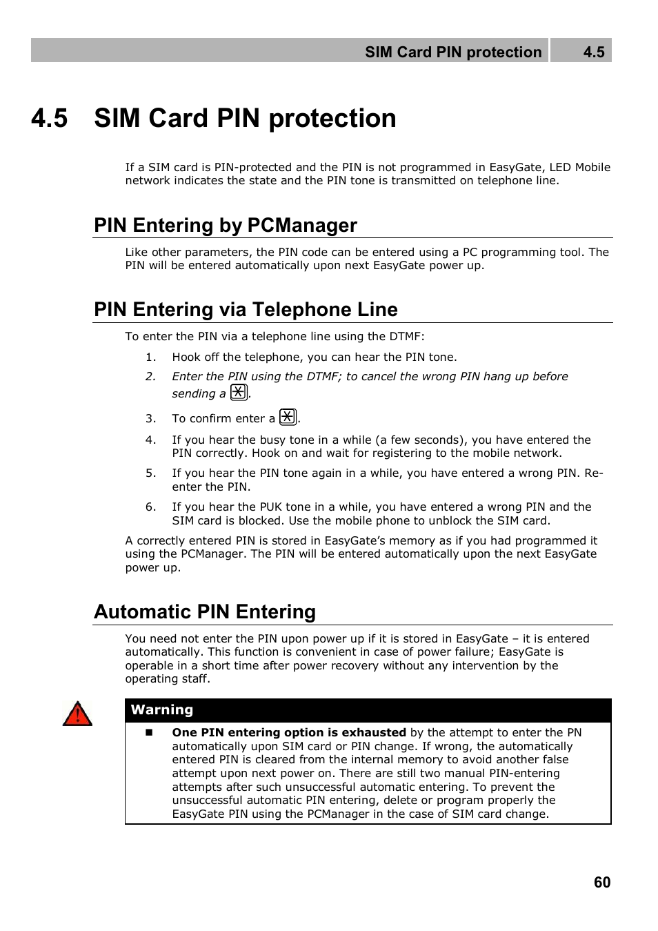 5 sim card pin protection, Pin entering by pcmanager, Pin entering via telephone line | Automatic pin entering, Sim card pin protection 4.5 | 2N Analogue GSM gateway 2N EasyGate PRO - Manual, 1749 v1.03 User Manual | Page 60 / 79
