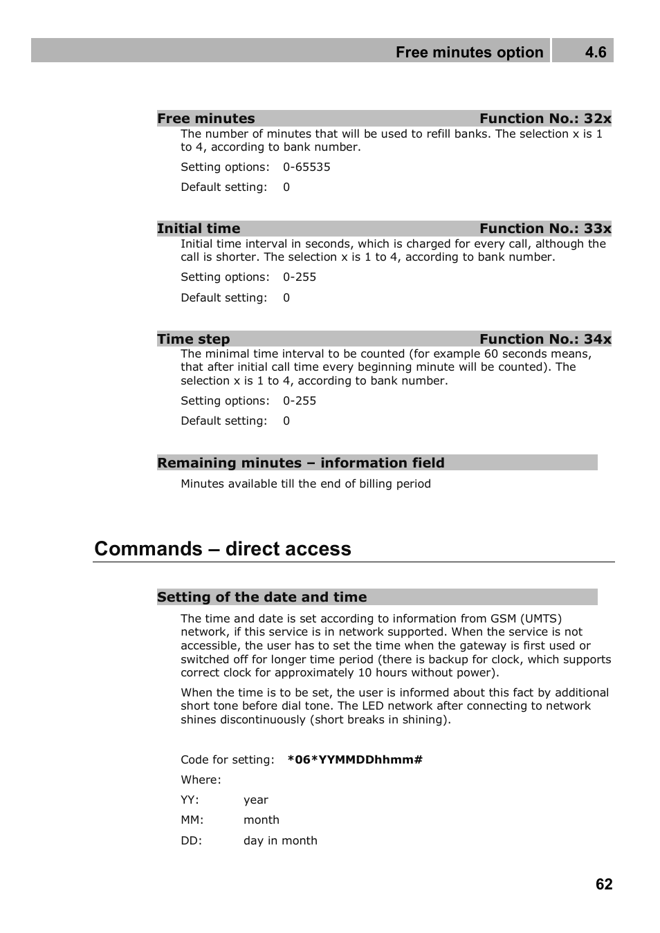 Commands – direct access, Free minutes option 4.6 | 2N Analogue GSM gateway 2N EasyGate PRO - Manual, 1749 v1.03 User Manual | Page 62 / 79