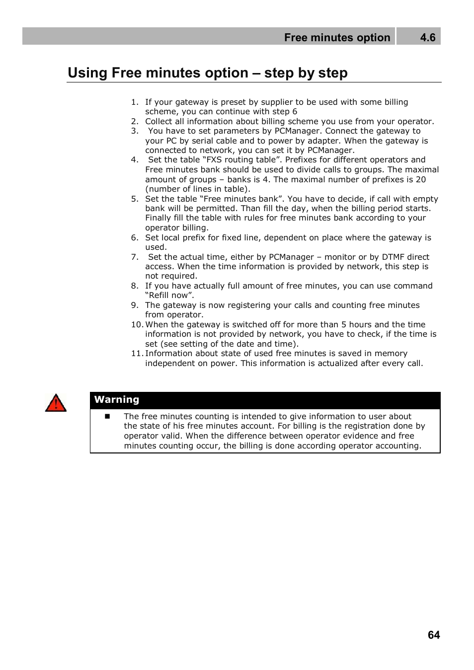 Using free minutes option – step by step, Free minutes option 4.6 | 2N Analogue GSM gateway 2N EasyGate PRO - Manual, 1749 v1.03 User Manual | Page 64 / 79