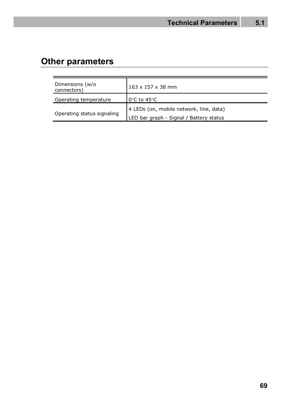 Other parameters, Technical parameters 5.1 | 2N Analogue GSM gateway 2N EasyGate PRO - Manual, 1749 v1.03 User Manual | Page 69 / 79