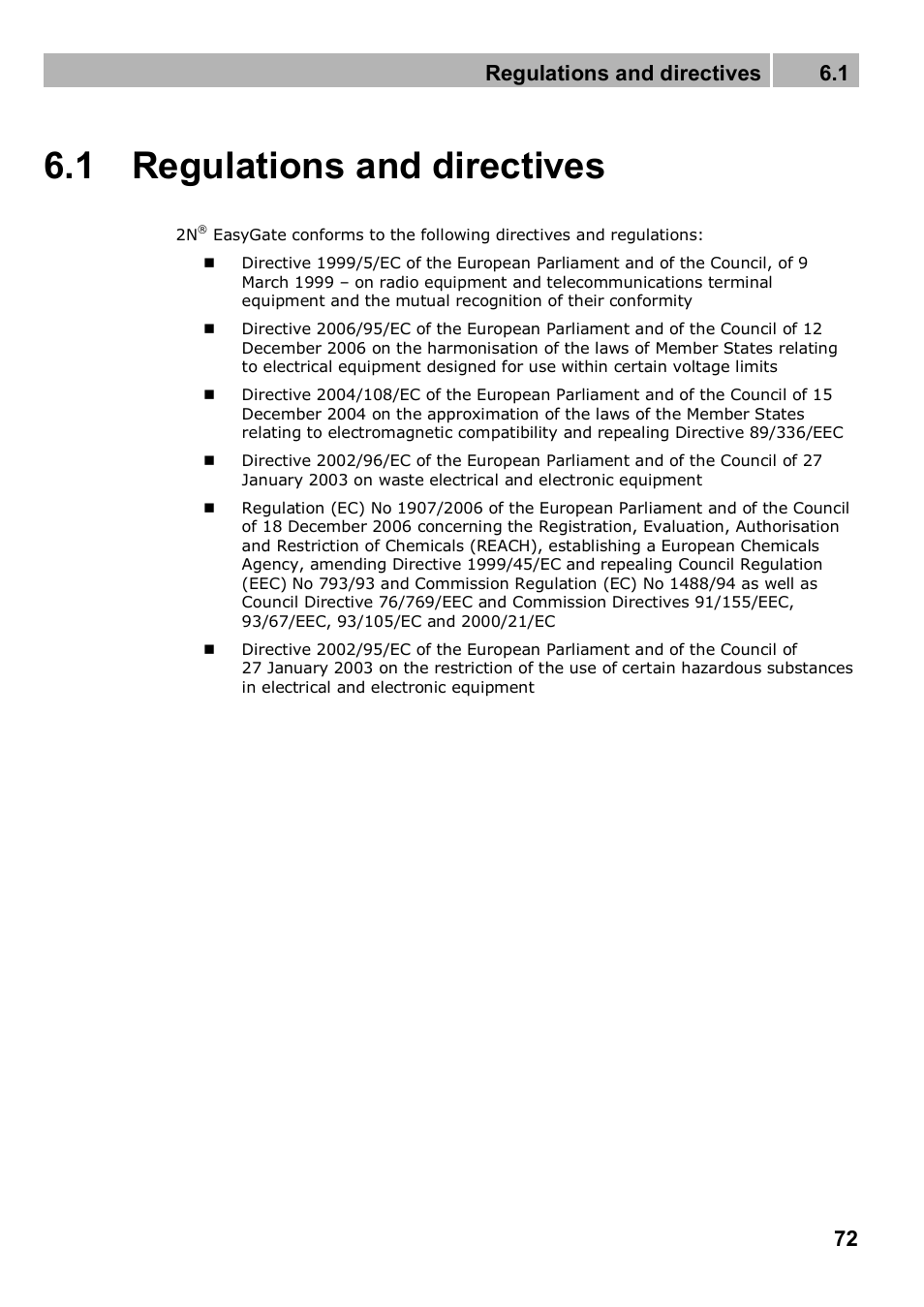1 regulations and directives, Regulations and directives 6.1 | 2N Analogue GSM gateway 2N EasyGate PRO - Manual, 1749 v1.03 User Manual | Page 72 / 79