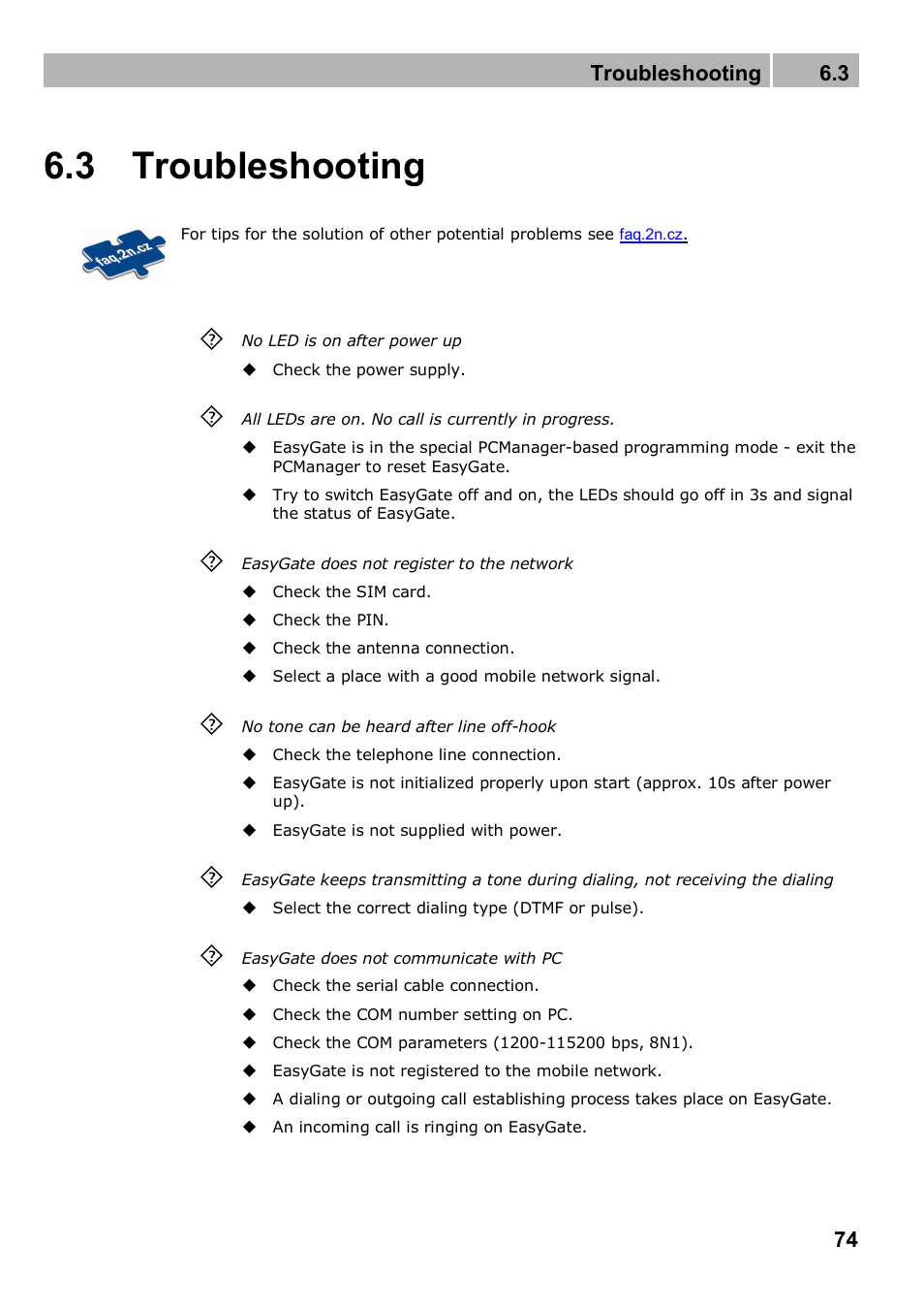 3 troubleshooting | 2N Analogue GSM gateway 2N EasyGate PRO - Manual, 1749 v1.03 User Manual | Page 74 / 79