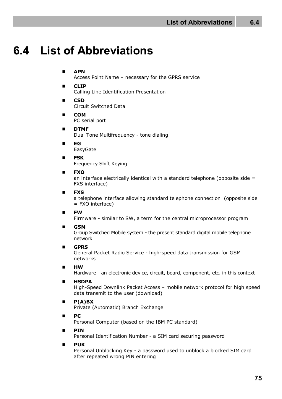 4 list of abbreviations, List of abbreviations 6.4 | 2N Analogue GSM gateway 2N EasyGate PRO - Manual, 1749 v1.03 User Manual | Page 75 / 79