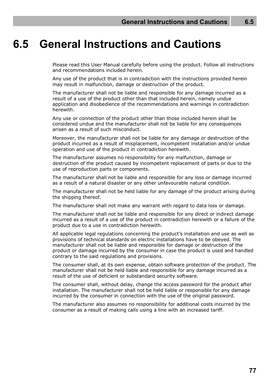 5 general instructions and cautions, General instructions and cautions 6.5 | 2N Analogue GSM gateway 2N EasyGate PRO - Manual, 1749 v1.03 User Manual | Page 77 / 79