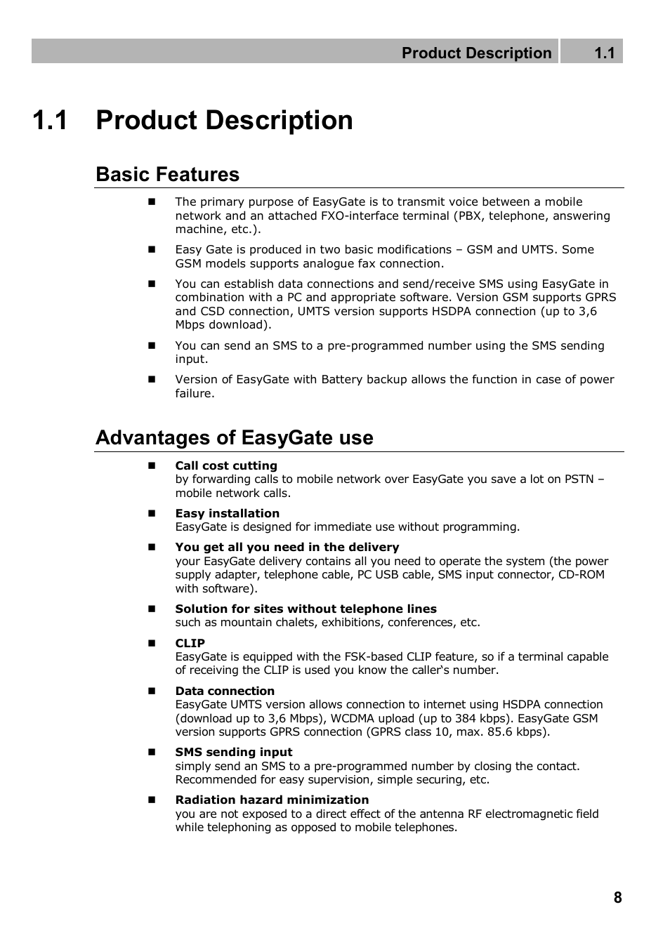 1 product description, Basic features, Advantages of easygate use | Product description 1.1 | 2N Analogue GSM gateway 2N EasyGate PRO - Manual, 1749 v1.03 User Manual | Page 8 / 79