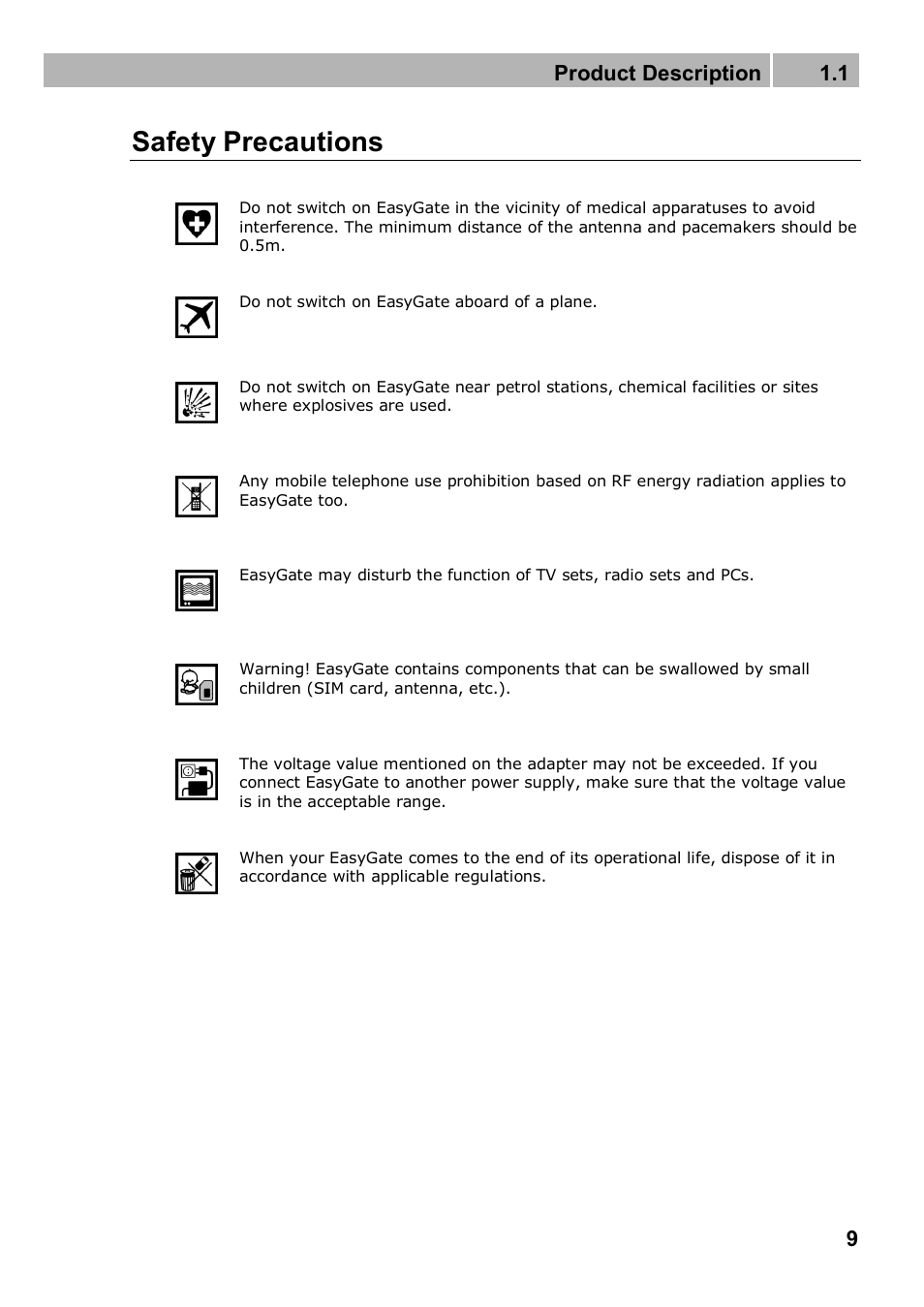 Safety precautions, Product description 1.1 | 2N Analogue GSM gateway 2N EasyGate PRO - Manual, 1749 v1.03 User Manual | Page 9 / 79