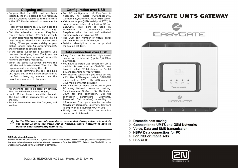 2N Fixed line replacement with 2N EasyGate PRO UMTS - Quick Start, 2018 v1.00 User Manual | 2 pages