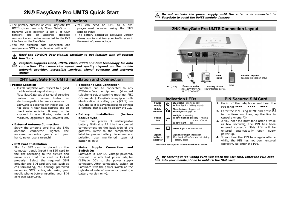2n® easygate pro umts quick start, Basic functions, 2n® easygate pro umts installation and connection | 2n® easygate pro umts connection layout, Pin secured sim card, Indication leds | 2N Fixed line replacement with 2N EasyGate PRO UMTS - Quick Start, 2018 v1.00 User Manual | Page 2 / 2