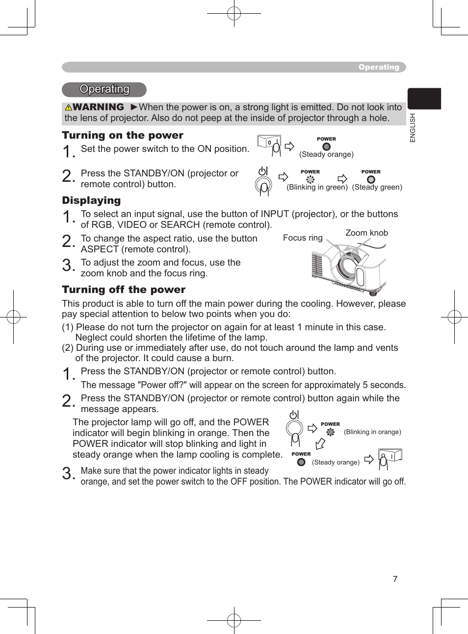 Operating | Hitachi CP-S240 User Manual | Page 7 / 14