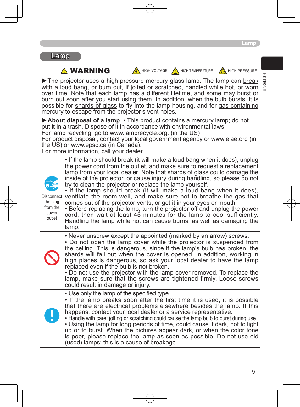 Lamp warning | Hitachi CP-S240 User Manual | Page 9 / 14