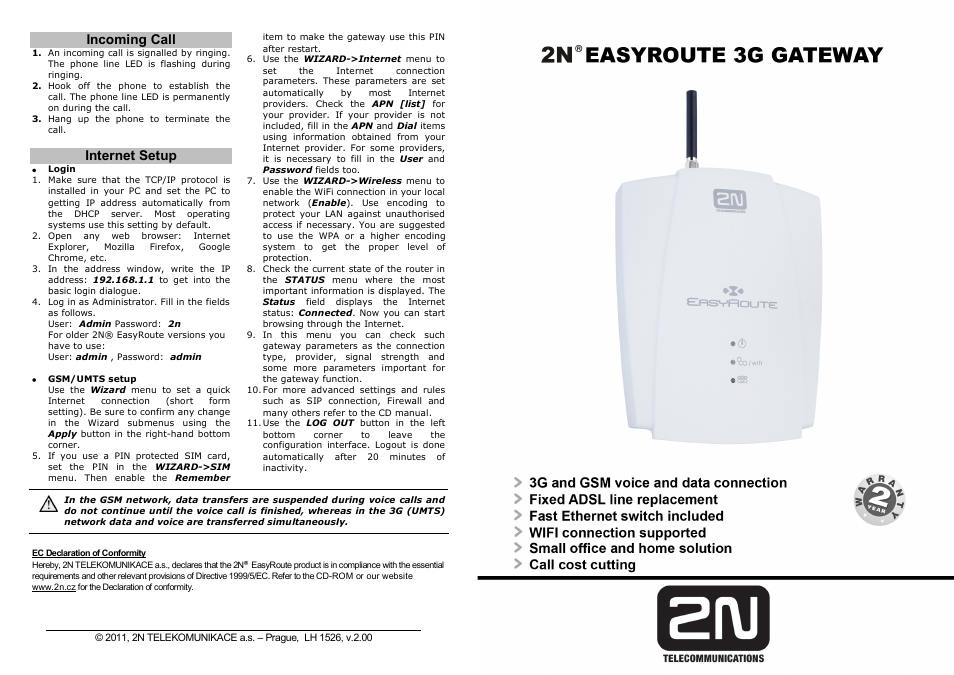 2N Wireless 3G router 2N EasyRoute_old design - Quick start, 1526 v2.00 User Manual | 2 pages