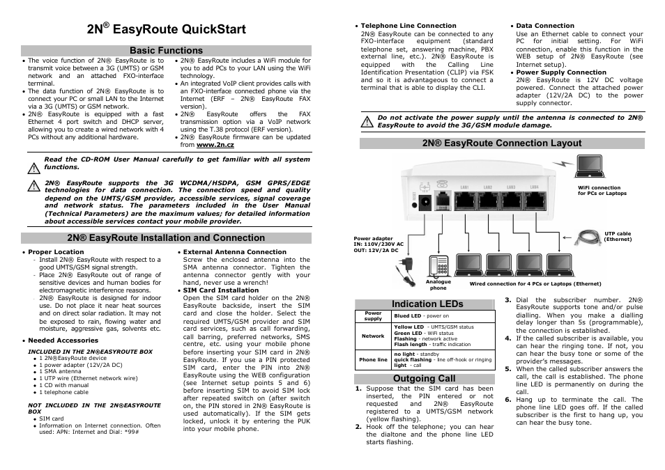Easyroute quickstart, Basic functions, 2n® easyroute installation and connection | 2n® easyroute connection layout, Outgoing call, Indication leds | 2N Wireless 3G router 2N EasyRoute_old design - Quick start, 1526 v2.00 User Manual | Page 2 / 2