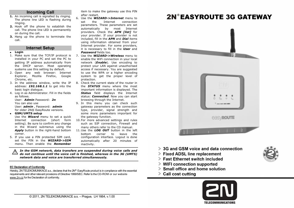 2N Wireless 3G router 2N EasyRoute_new design - Quick start, 1664 v1.00 User Manual | 2 pages