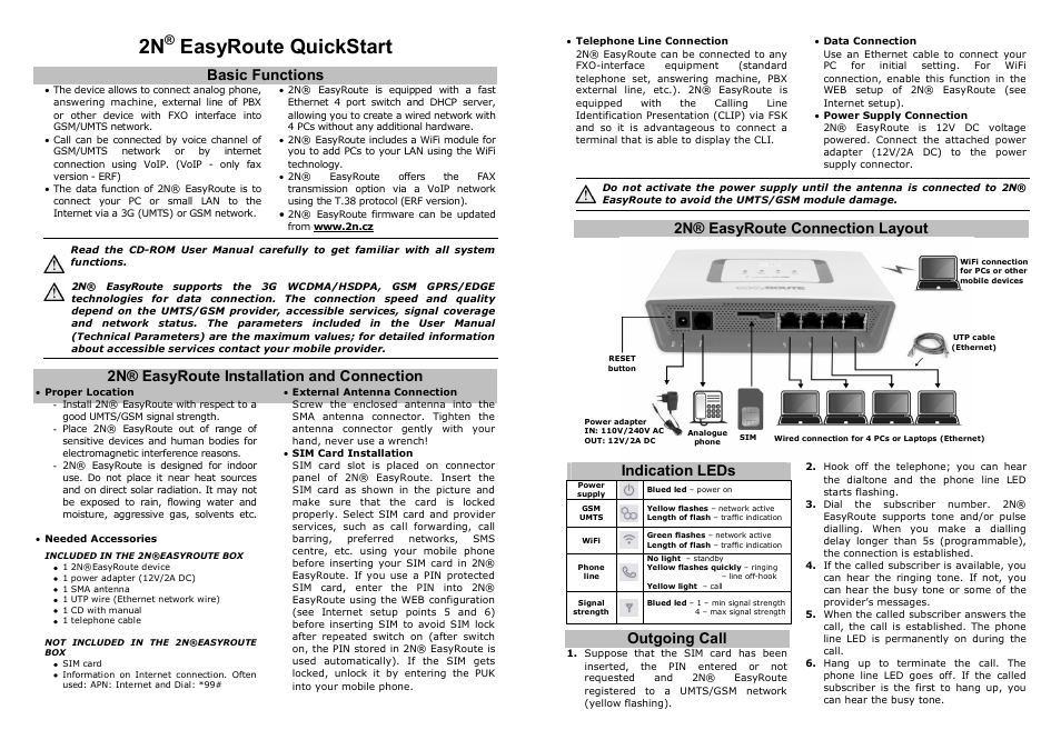 Easyroute quickstart, Basic functions, 2n® easyroute installation and connection | 2n® easyroute connection layout, Outgoing call, Indication leds | 2N Wireless 3G router 2N EasyRoute_new design - Quick start, 1664 v1.00 User Manual | Page 2 / 2