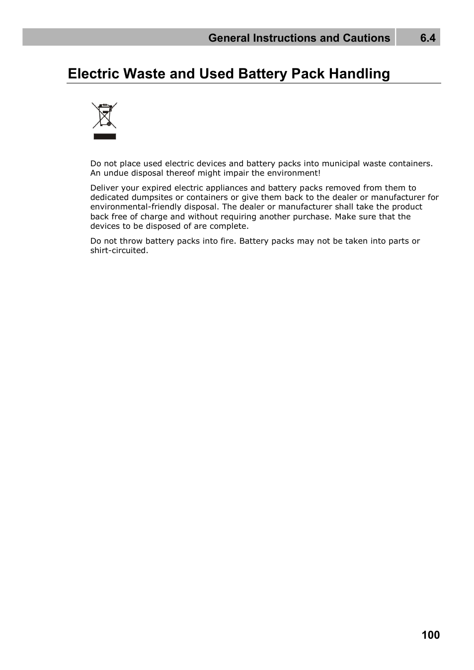 Electric waste and used battery pack handling, General instructions and cautions 6.4 | 2N Wireless 3G router 2N EasyRoute_new design - User manual, 1670 v1.06 User Manual | Page 100 / 101