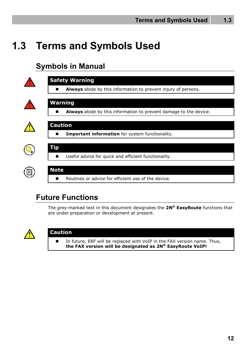 Terms and symbols used, Symbols in manual, Future functions | 3 terms and symbols used, Terms and symbols used 1.3 | 2N Wireless 3G router 2N EasyRoute_new design - User manual, 1670 v1.06 User Manual | Page 12 / 101