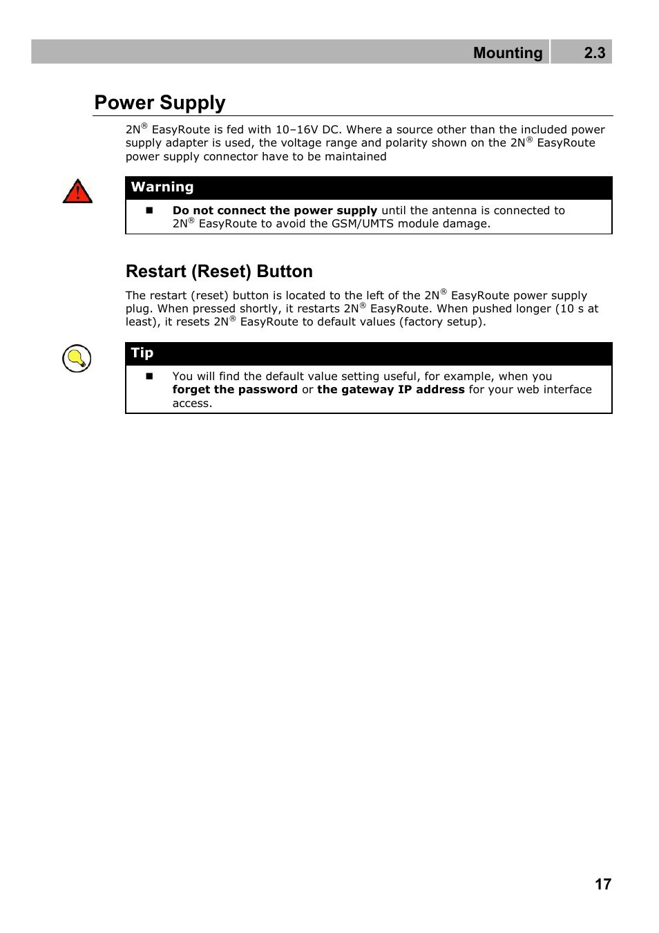 Power supply, Restart (reset) button, Mounting 2.3 | 2N Wireless 3G router 2N EasyRoute_new design - User manual, 1670 v1.06 User Manual | Page 17 / 101