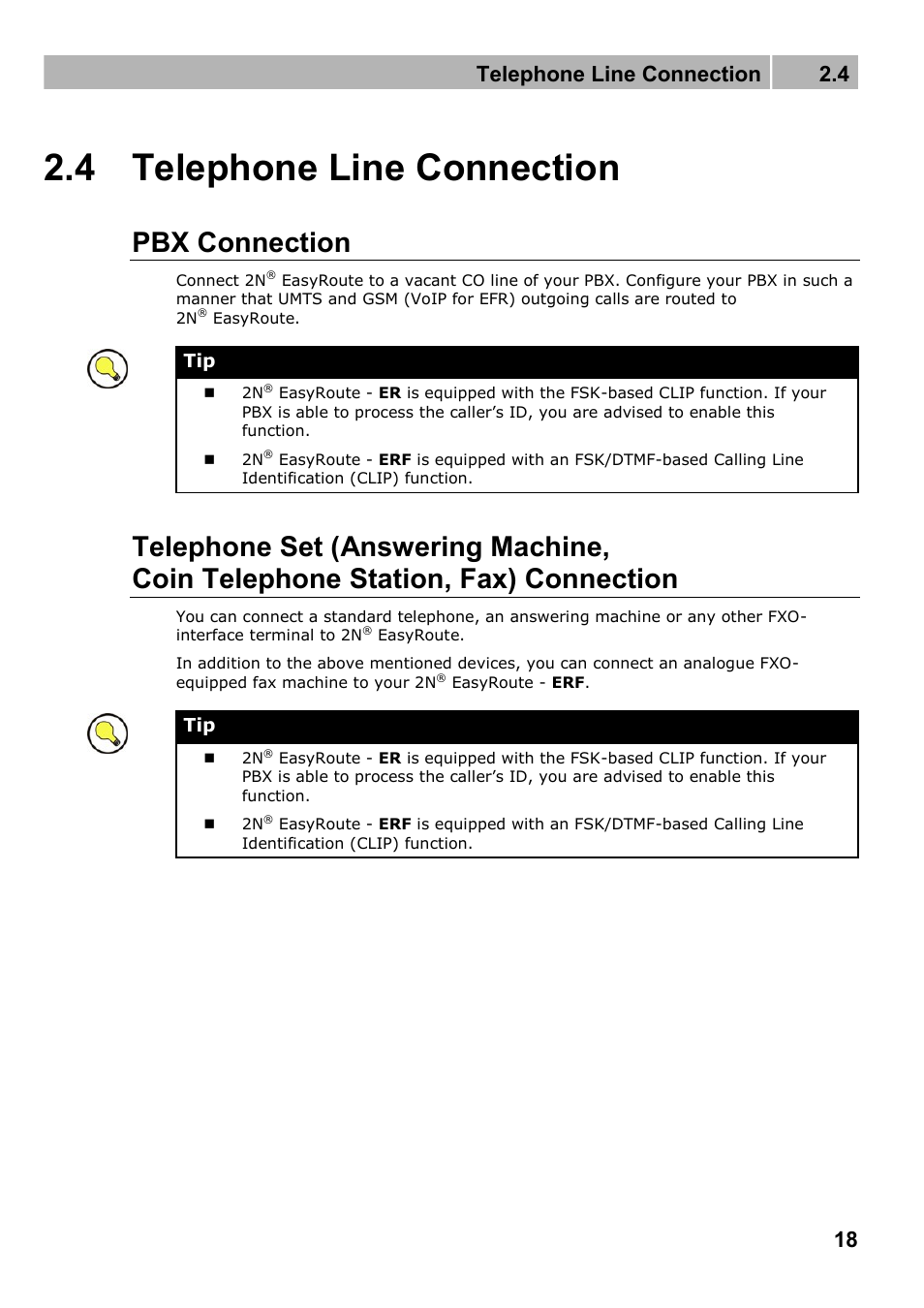 Telephone line connection, Pbx connection, 4 telephone line connection | Telephone line connection 2.4 | 2N Wireless 3G router 2N EasyRoute_new design - User manual, 1670 v1.06 User Manual | Page 18 / 101