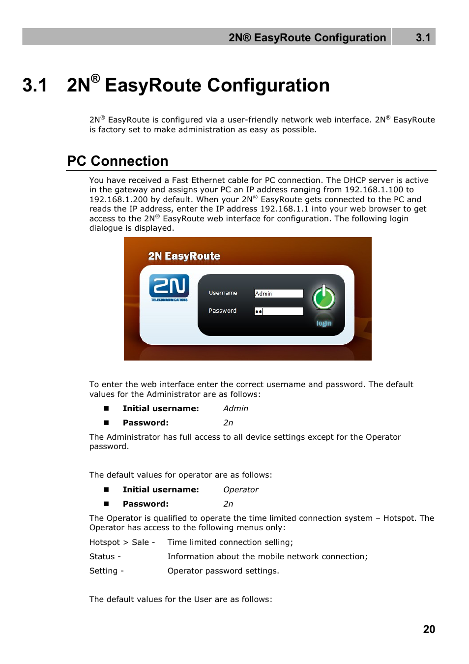 Easyroute configuration, Pc connection, 1 2n | 2n® easyroute configuration 3.1 | 2N Wireless 3G router 2N EasyRoute_new design - User manual, 1670 v1.06 User Manual | Page 20 / 101