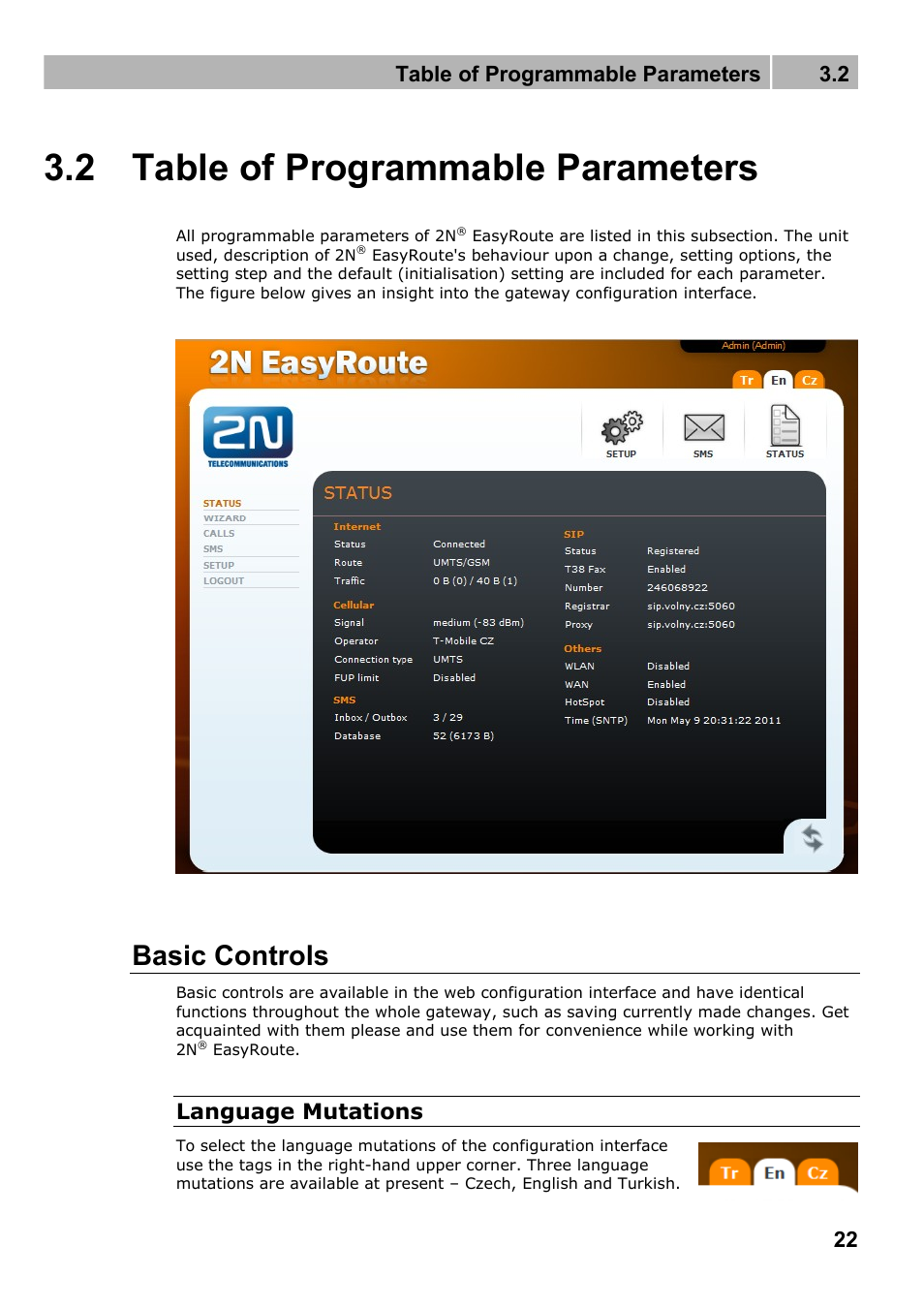 Table of programmable parameters, Basic controls, 2 table of programmable parameters | Table of programmable parameters 3.2, Language mutations | 2N Wireless 3G router 2N EasyRoute_new design - User manual, 1670 v1.06 User Manual | Page 22 / 101