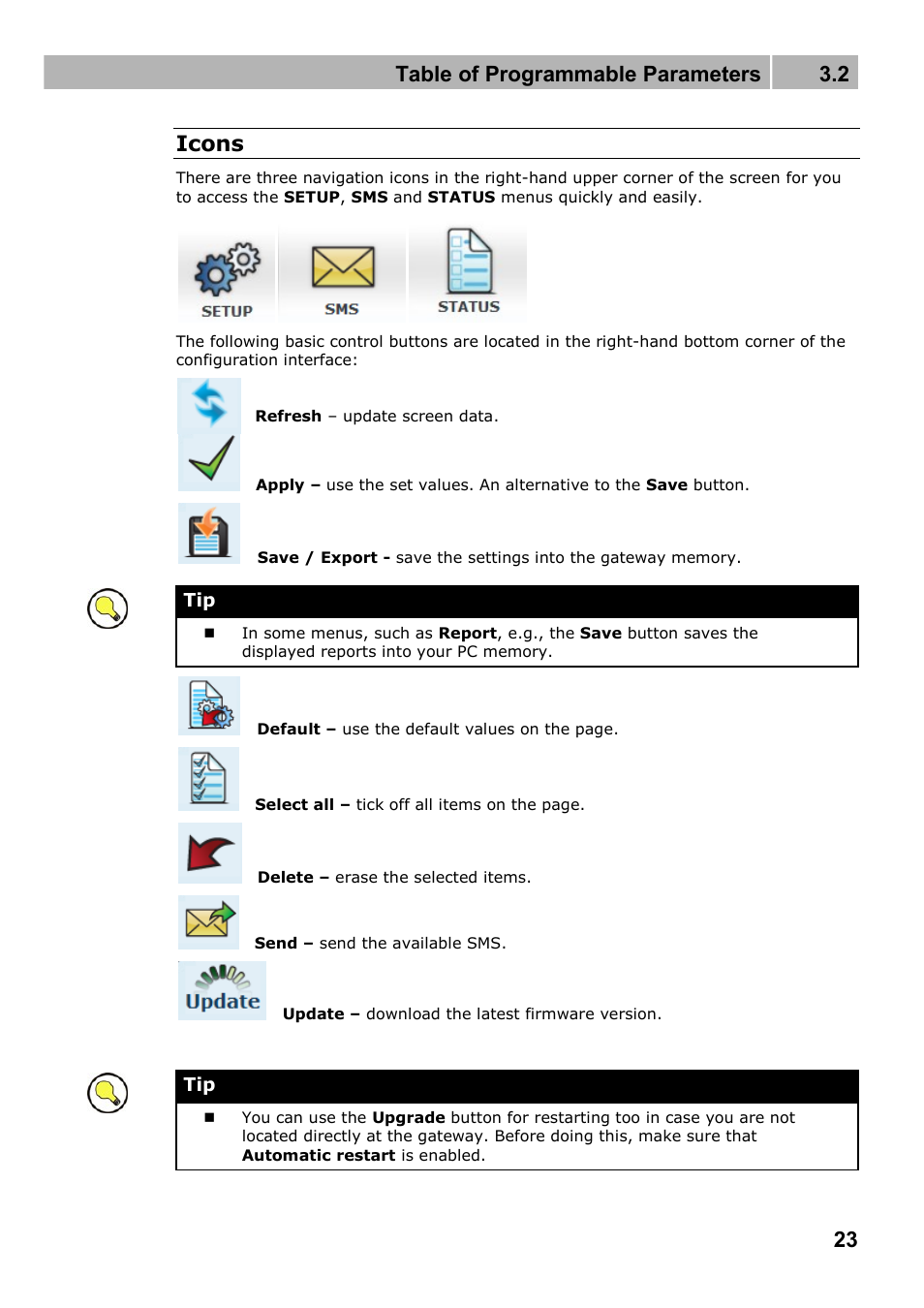 Table of programmable parameters 3.2, 23 icons | 2N Wireless 3G router 2N EasyRoute_new design - User manual, 1670 v1.06 User Manual | Page 23 / 101