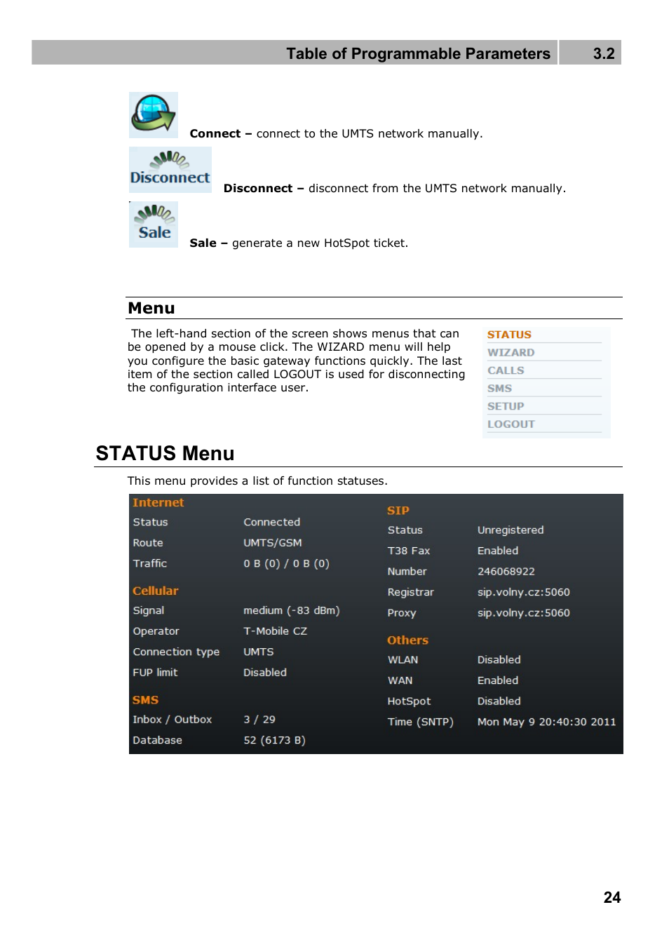 Status menu, Table of programmable parameters 3.2, Menu | 2N Wireless 3G router 2N EasyRoute_new design - User manual, 1670 v1.06 User Manual | Page 24 / 101