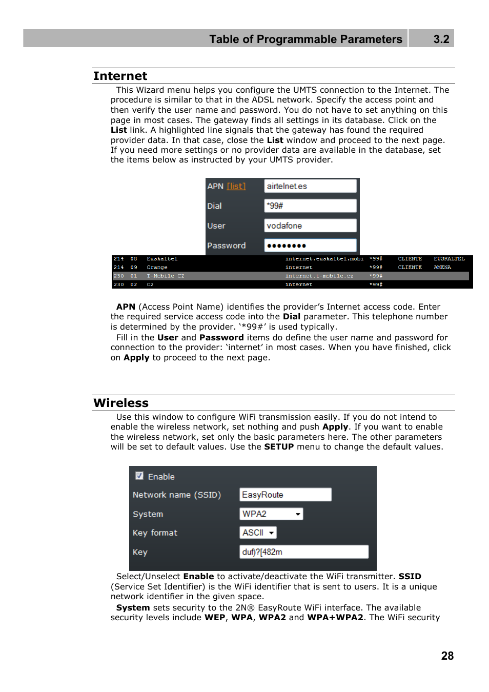 Table of programmable parameters 3.2, 28 internet, Wireless | 2N Wireless 3G router 2N EasyRoute_new design - User manual, 1670 v1.06 User Manual | Page 28 / 101