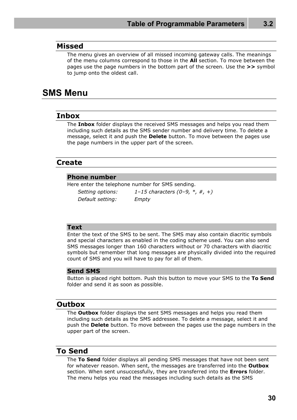 Sms menu, Table of programmable parameters 3.2, 30 missed | Inbox, Create, Outbox | 2N Wireless 3G router 2N EasyRoute_new design - User manual, 1670 v1.06 User Manual | Page 30 / 101