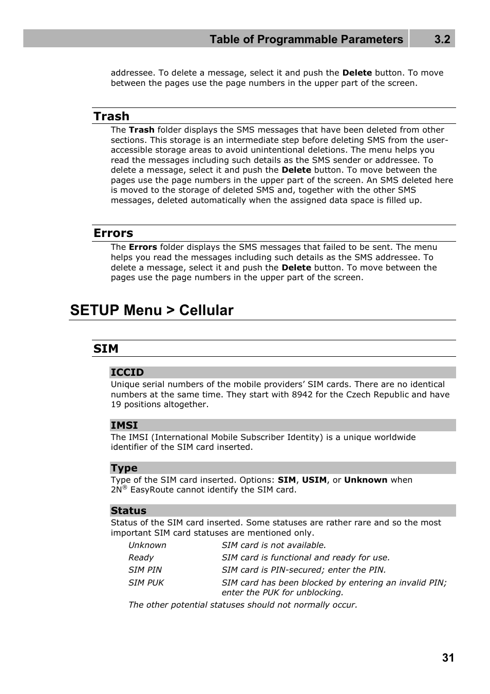 Setup menu > cellular, Table of programmable parameters 3.2, Trash | Errors | 2N Wireless 3G router 2N EasyRoute_new design - User manual, 1670 v1.06 User Manual | Page 31 / 101