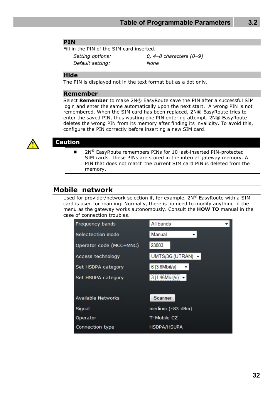 Table of programmable parameters 3.2, Mobile network | 2N Wireless 3G router 2N EasyRoute_new design - User manual, 1670 v1.06 User Manual | Page 32 / 101