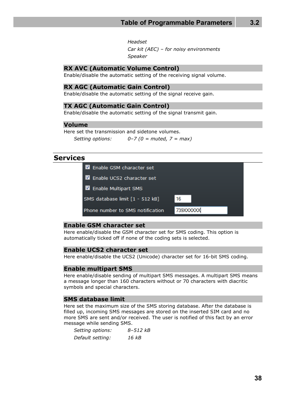 Table of programmable parameters 3.2, Services | 2N Wireless 3G router 2N EasyRoute_new design - User manual, 1670 v1.06 User Manual | Page 38 / 101