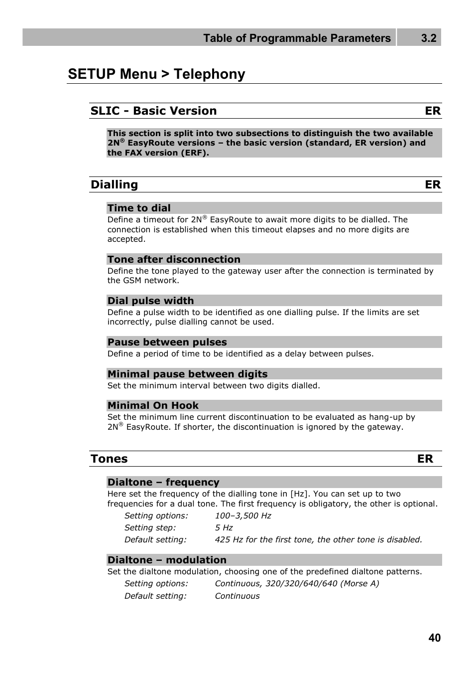 Setup menu > telephony, Table of programmable parameters 3.2, Slic - basic version er | Dialling er, Tones er | 2N Wireless 3G router 2N EasyRoute_new design - User manual, 1670 v1.06 User Manual | Page 40 / 101