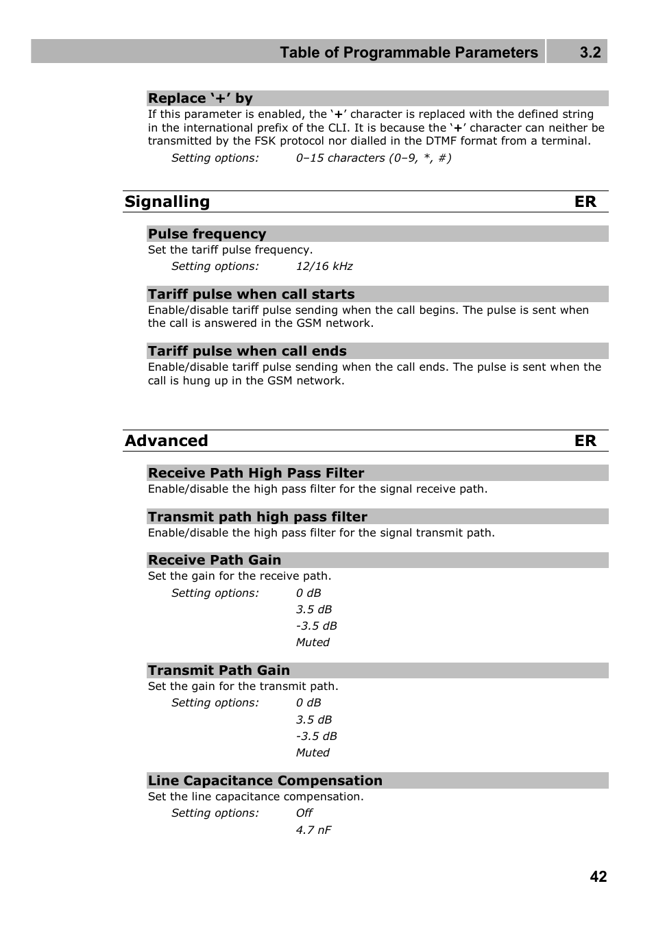 Table of programmable parameters 3.2, Signalling er, Advanced er | 2N Wireless 3G router 2N EasyRoute_new design - User manual, 1670 v1.06 User Manual | Page 42 / 101