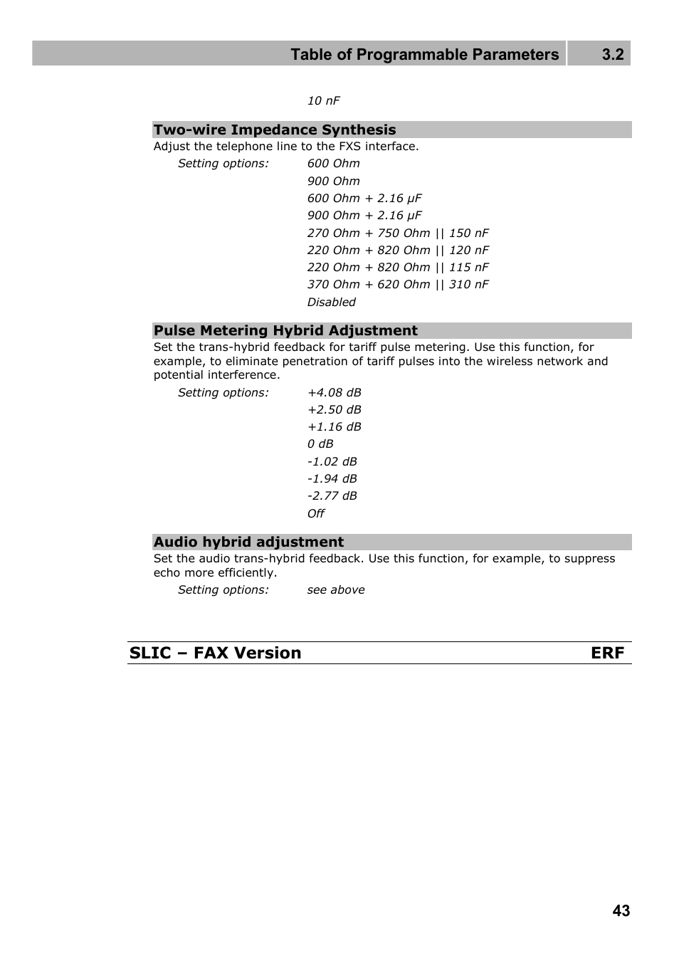 Table of programmable parameters 3.2, Slic – fax version erf | 2N Wireless 3G router 2N EasyRoute_new design - User manual, 1670 v1.06 User Manual | Page 43 / 101