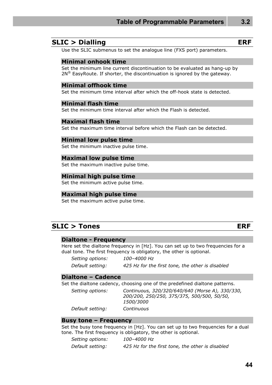 Table of programmable parameters 3.2, 44 slic > dialling erf, Slic > tones erf | 2N Wireless 3G router 2N EasyRoute_new design - User manual, 1670 v1.06 User Manual | Page 44 / 101