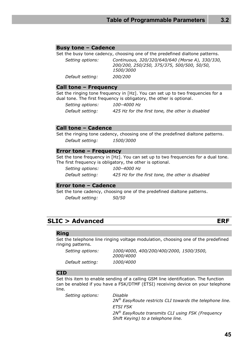 Table of programmable parameters 3.2, Slic > advanced erf | 2N Wireless 3G router 2N EasyRoute_new design - User manual, 1670 v1.06 User Manual | Page 45 / 101