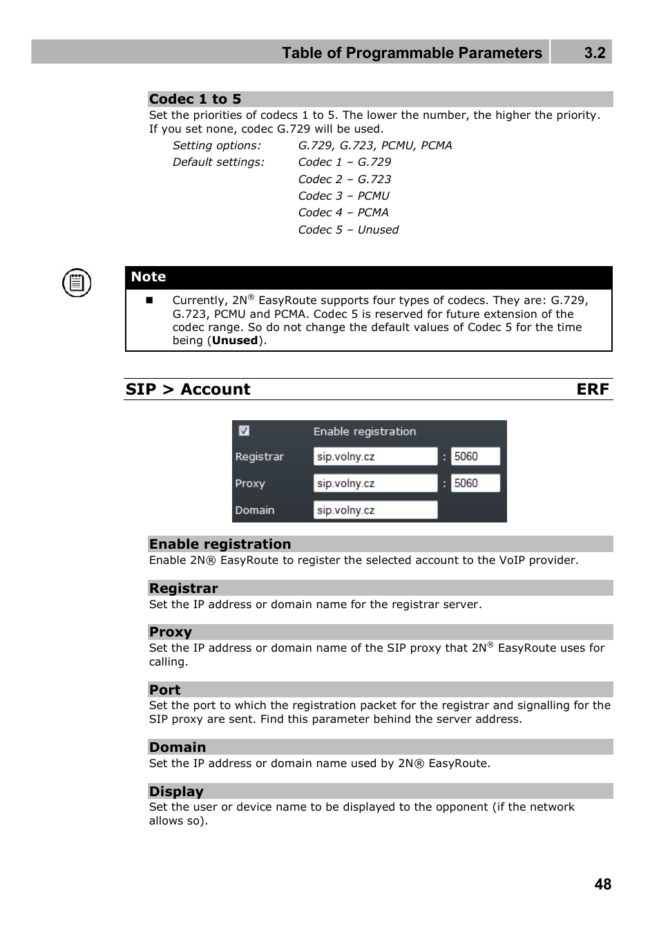 Table of programmable parameters 3.2, Sip > account erf | 2N Wireless 3G router 2N EasyRoute_new design - User manual, 1670 v1.06 User Manual | Page 48 / 101
