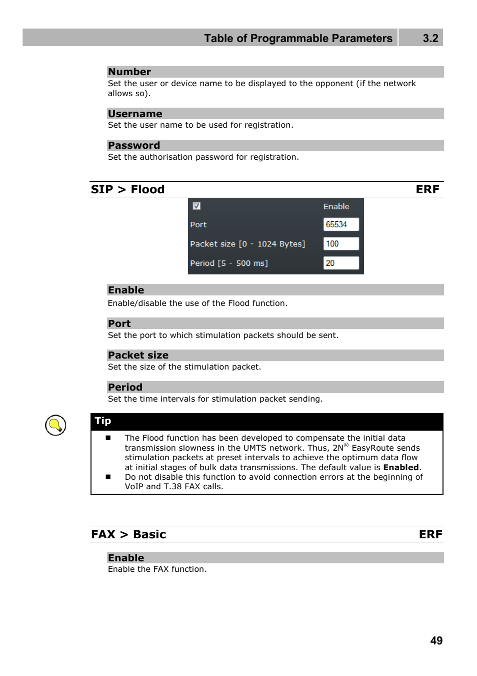 Table of programmable parameters 3.2, Sip > flood erf, Fax > basic erf | 2N Wireless 3G router 2N EasyRoute_new design - User manual, 1670 v1.06 User Manual | Page 49 / 101