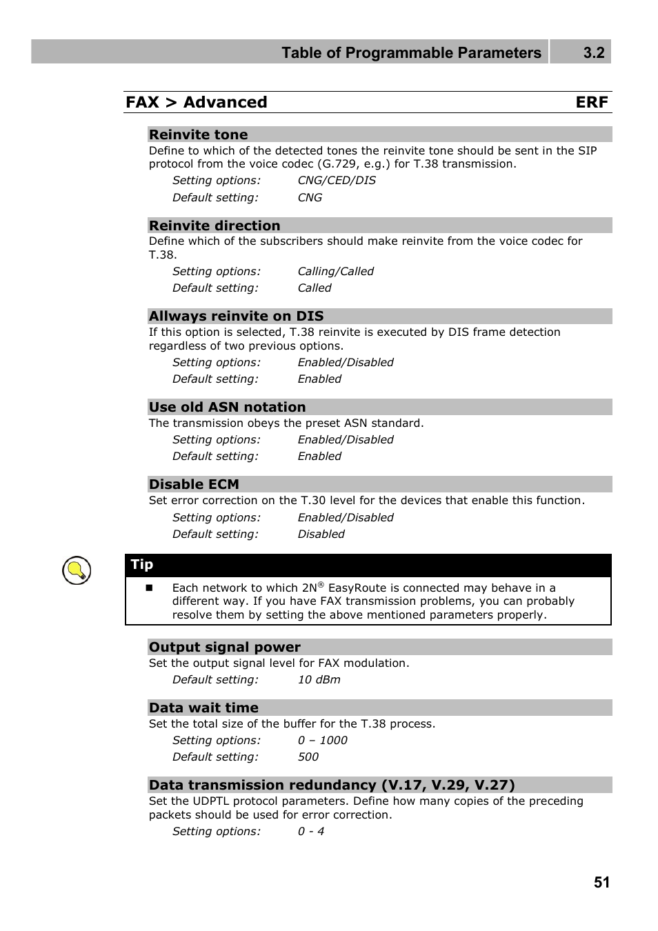 Table of programmable parameters 3.2, 51 fax > advanced erf | 2N Wireless 3G router 2N EasyRoute_new design - User manual, 1670 v1.06 User Manual | Page 51 / 101