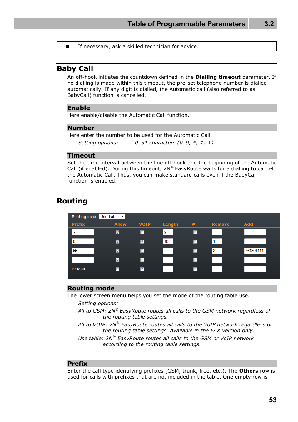 Table of programmable parameters 3.2, Baby call, Routing | 2N Wireless 3G router 2N EasyRoute_new design - User manual, 1670 v1.06 User Manual | Page 53 / 101