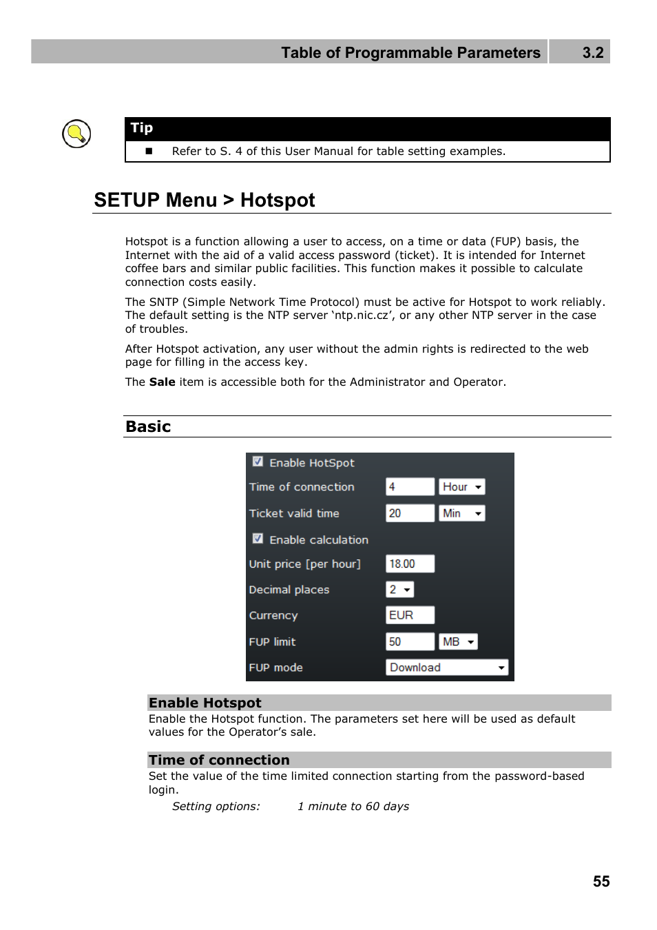 Setup menu > hotspot, Table of programmable parameters 3.2, Basic | 2N Wireless 3G router 2N EasyRoute_new design - User manual, 1670 v1.06 User Manual | Page 55 / 101
