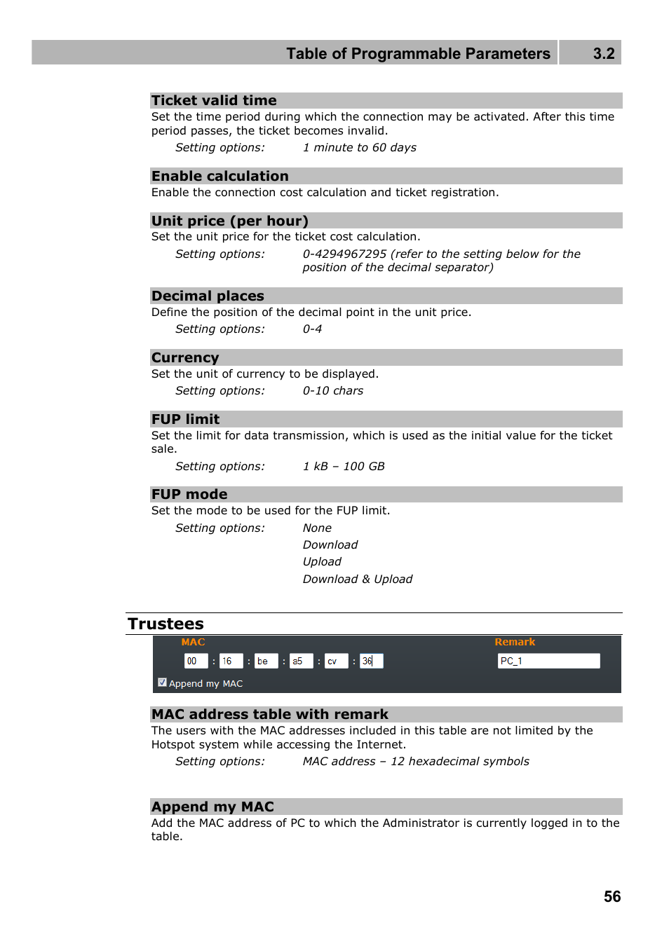 Table of programmable parameters 3.2, Trustees | 2N Wireless 3G router 2N EasyRoute_new design - User manual, 1670 v1.06 User Manual | Page 56 / 101