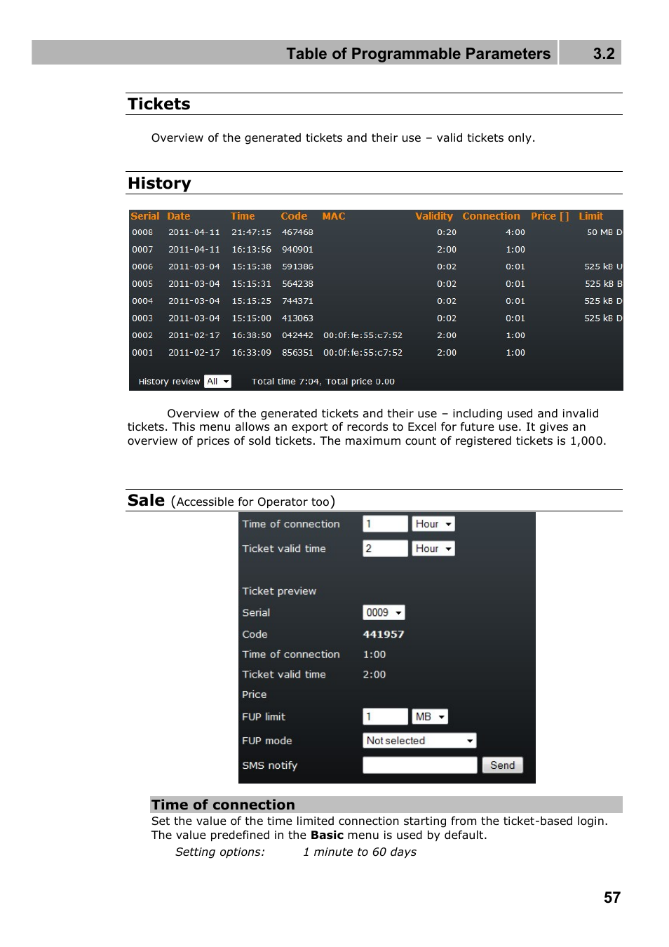 Table of programmable parameters 3.2, 57 tickets, History | Sale | 2N Wireless 3G router 2N EasyRoute_new design - User manual, 1670 v1.06 User Manual | Page 57 / 101