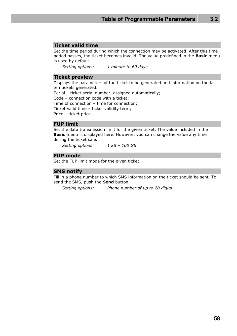 Table of programmable parameters 3.2 | 2N Wireless 3G router 2N EasyRoute_new design - User manual, 1670 v1.06 User Manual | Page 58 / 101